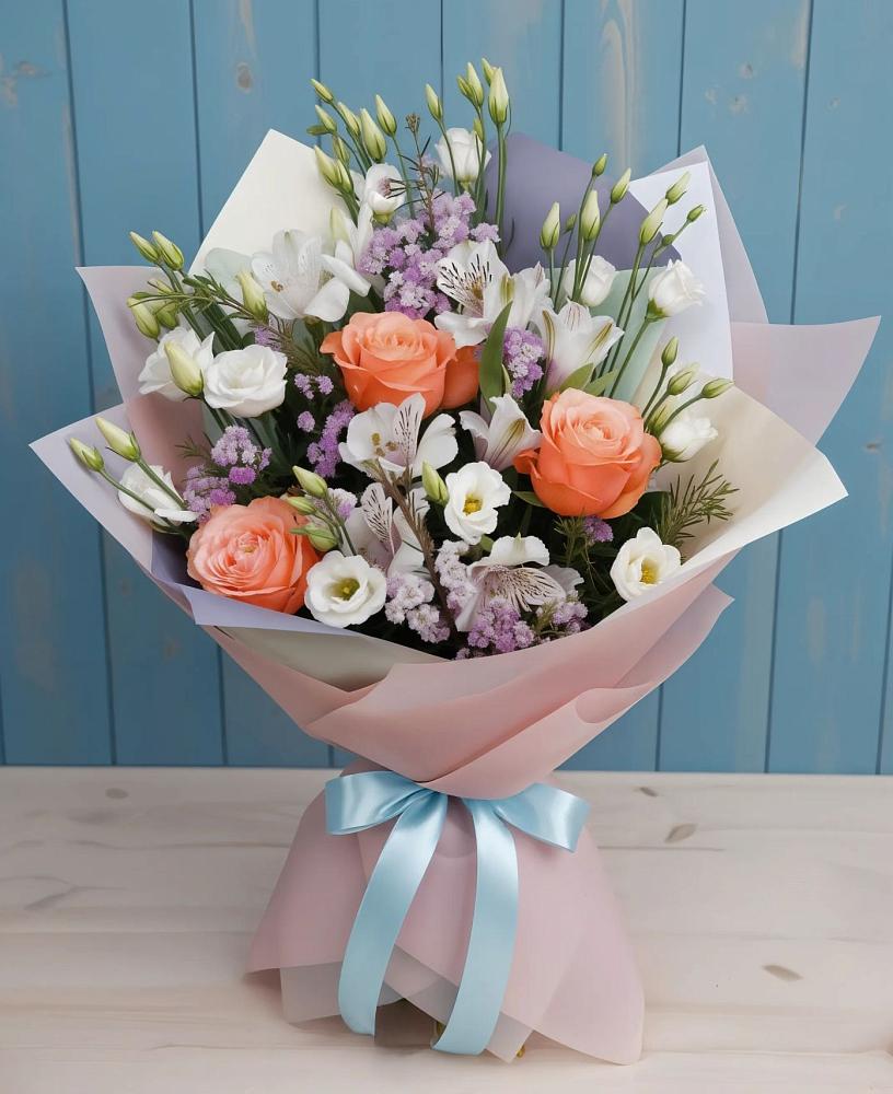Букет цветов из: Лизиантусы, Розы, Альстромерии и Гипсофила в Пыть-Яхе